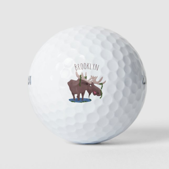 Funny happy moose cartoon illustration golf balls (Front)