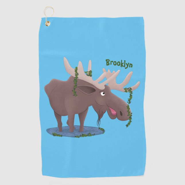 Funny happy moose cartoon illustration golf towel (Front)