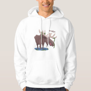 Funny happy moose cartoon illustration hoodie