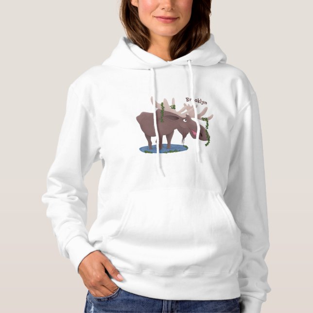 Funny happy moose cartoon illustration hoodie (Front)