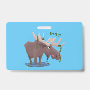 Funny happy moose cartoon illustration ID badge