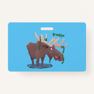 Funny happy moose cartoon illustration ID badge