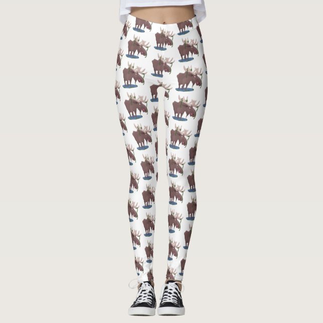 Funny happy moose cartoon illustration leggings (Front)