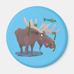 Funny happy moose cartoon illustration magnet