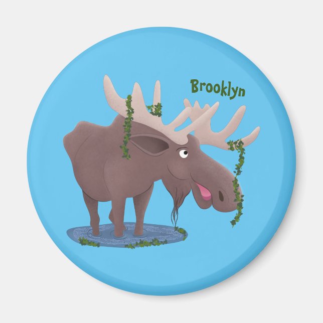 Funny happy moose cartoon illustration magnet (Front)