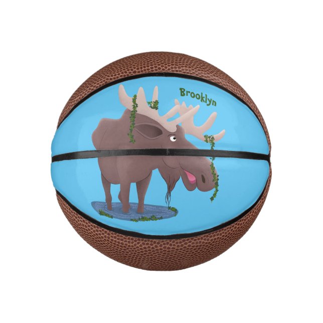 Funny happy moose cartoon illustration mini basketball (Front)