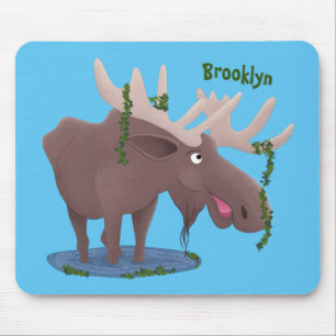 Funny happy moose cartoon illustration mouse mat