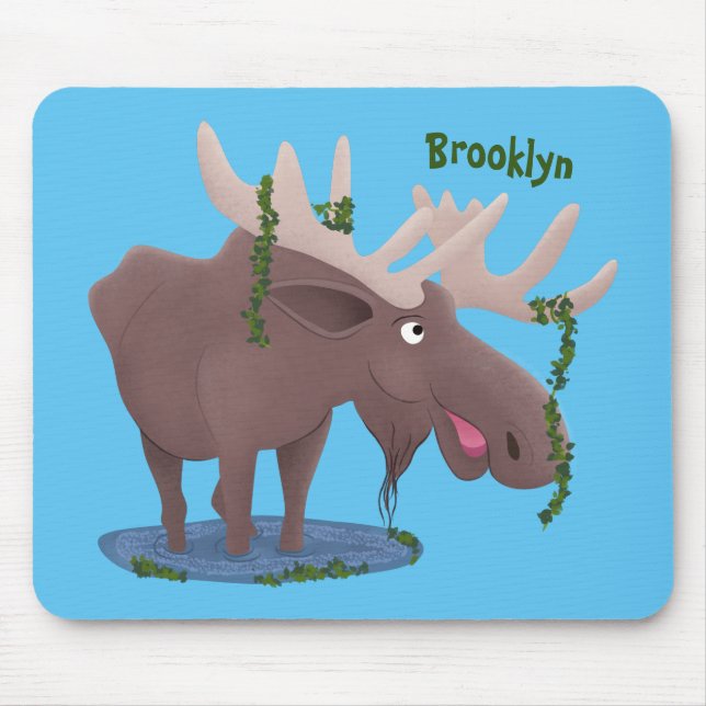 Funny happy moose cartoon illustration mouse mat (Front)