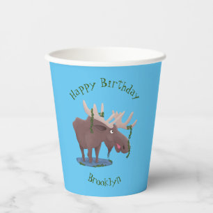 Funny happy moose cartoon illustration paper cups