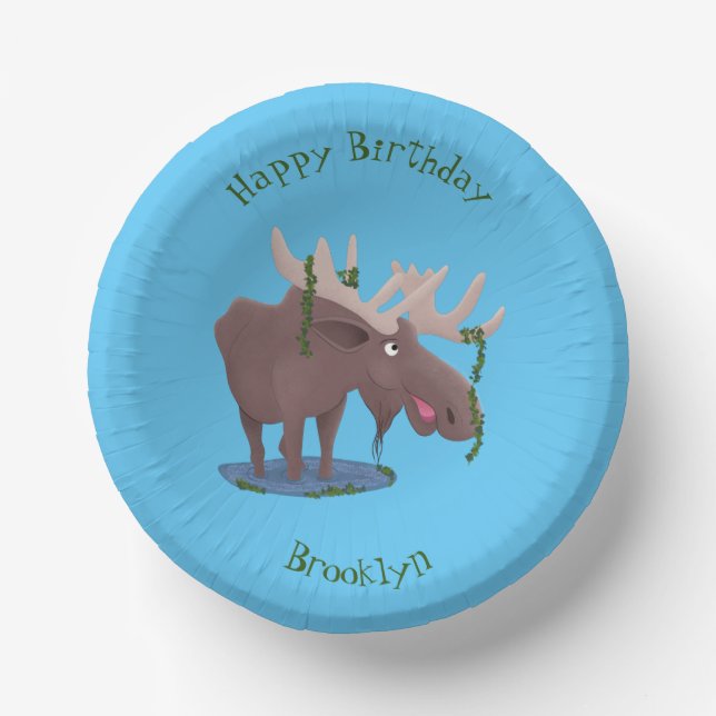 Funny happy moose cartoon illustration paper plate (Front)