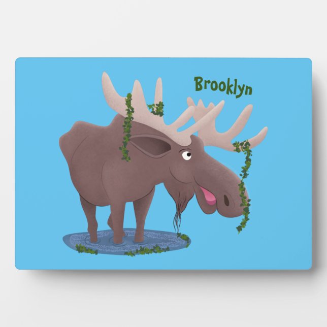 Funny happy moose cartoon illustration plaque (Front)