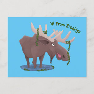 Funny happy moose cartoon illustration postcard