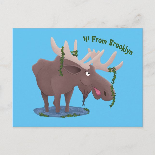Funny happy moose cartoon illustration postcard (Front)