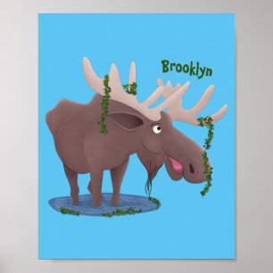 Funny happy moose cartoon illustration poster