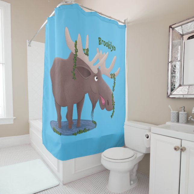 Funny happy moose cartoon illustration shower curtain (In Situ)