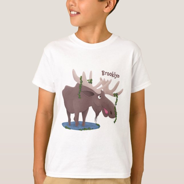 Funny happy moose cartoon illustration T-Shirt (Front)