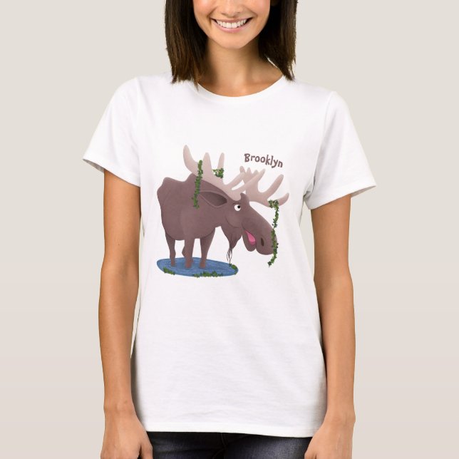 Funny happy moose cartoon illustration T-Shirt (Front)