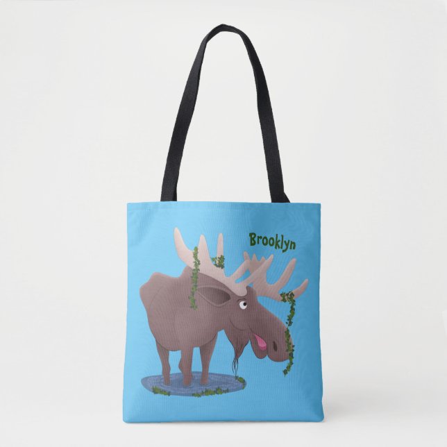 Funny happy moose cartoon illustration tote bag (Front)