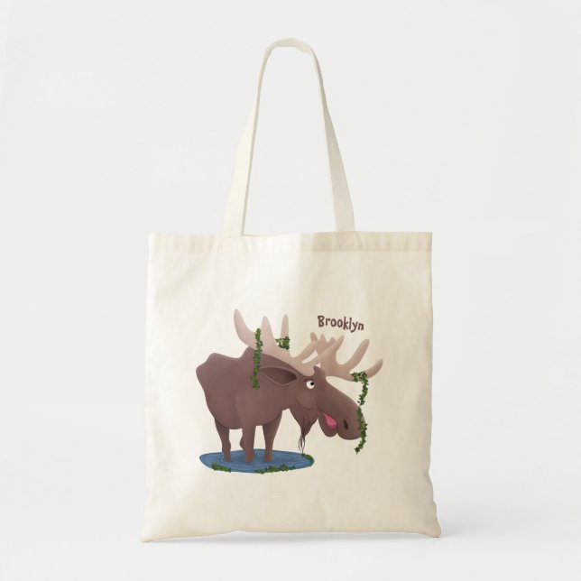 Funny happy moose cartoon illustration tote bag (Front)
