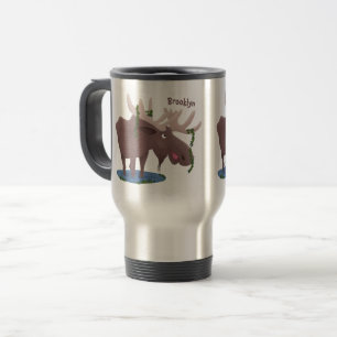 Funny happy moose cartoon illustration travel mug