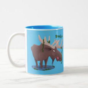 Funny happy moose cartoon illustration Two-Tone coffee mug