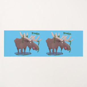 Funny happy moose cartoon illustration yoga mat