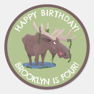 Funny happy moose personalised cartoon birthday classic round sticker