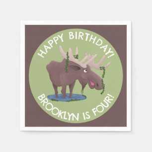 Funny happy moose personalised cartoon birthday napkin