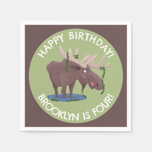Funny happy moose personalised cartoon birthday napkin (Front)