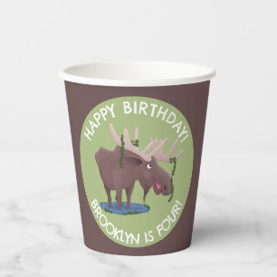 Funny happy moose personalised cartoon birthday paper cups