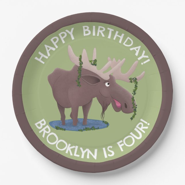 Funny happy moose personalised cartoon birthday paper plate (Front)