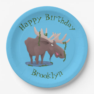 Funny happy moose personalised cartoon birthday paper plate