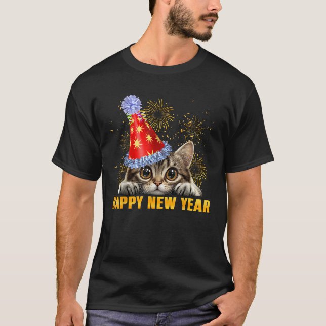 Funny Happy New Year 2025 Cat Peeking New Years Ev T-Shirt (Front)