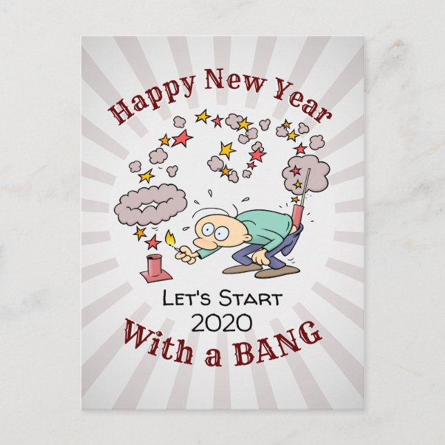 Funny Happy New Year With A Bang Cartoon Postcard (Front)
