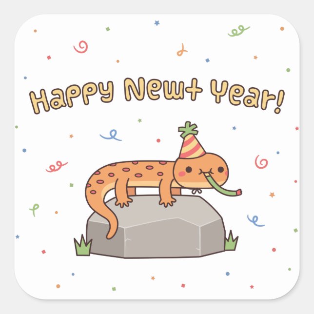 Funny Happy Newt Year, New Year Pun Doodle Square Sticker (Front)