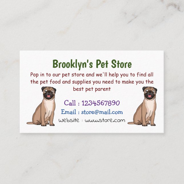 Funny happy pug dog cartoon illustration  business card (Front)