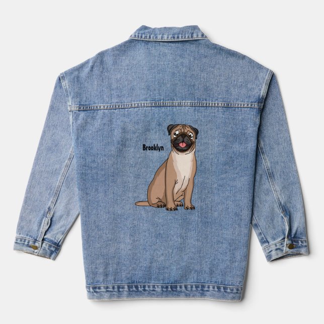 Funny happy pug dog cartoon illustration denim jacket (Back)