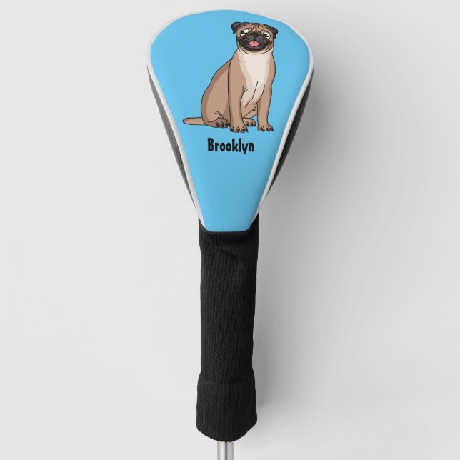 Funny happy pug dog cartoon illustration golf head cover (Front)