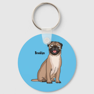 Funny happy pug dog cartoon illustration key ring
