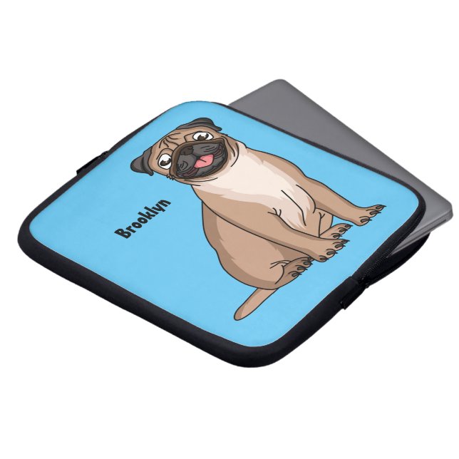 Funny happy pug dog cartoon illustration laptop sleeve (Front Top)