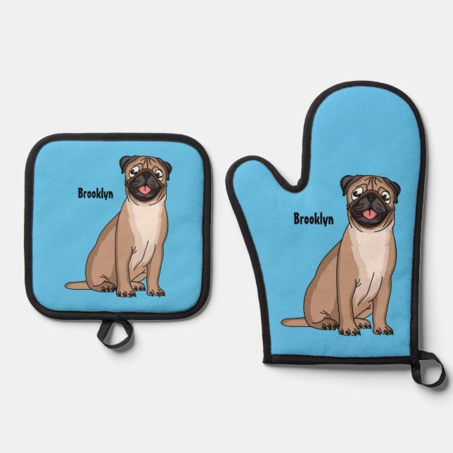 Funny happy pug dog cartoon illustration oven mitt & pot holder set (Front)