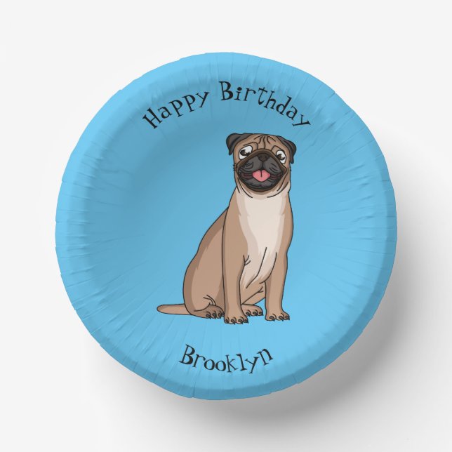 Funny happy pug dog cartoon illustration paper plate (Front)