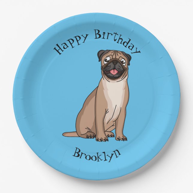 Funny happy pug dog cartoon illustration  paper plate (Front)