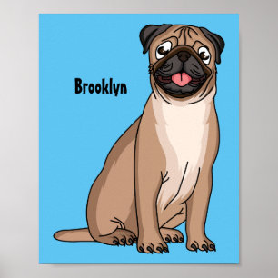 Funny happy pug dog cartoon illustration poster