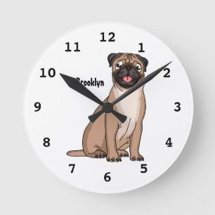 Funny happy pug dog cartoon illustration round clock