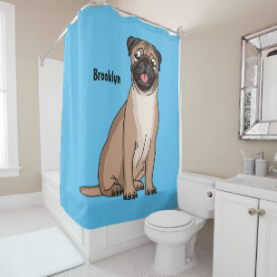 Funny happy pug dog cartoon illustration shower curtain