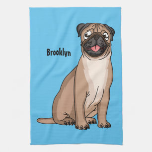 Funny happy pug dog cartoon illustration tea towel