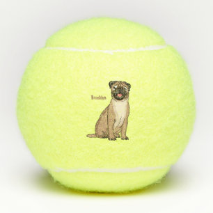 Funny happy pug dog cartoon illustration tennis balls