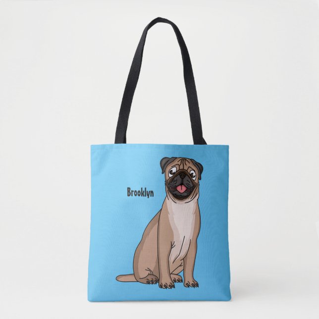 Funny happy pug dog cartoon illustration tote bag (Front)