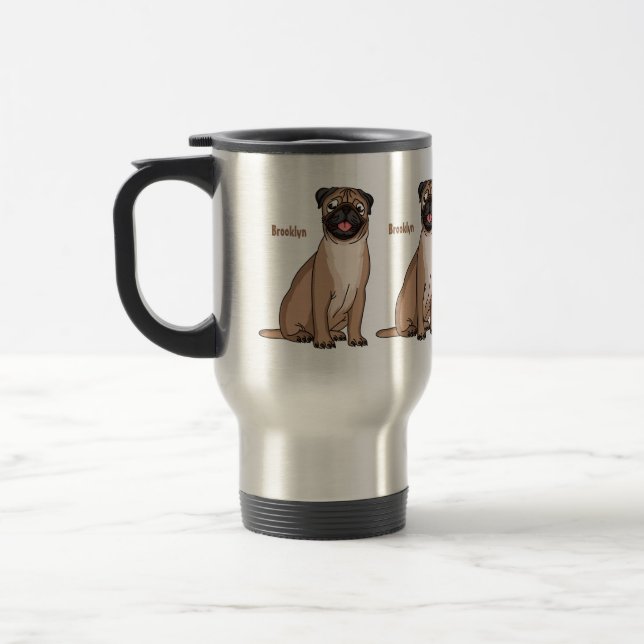 Funny happy pug dog cartoon illustration travel mug (Left)